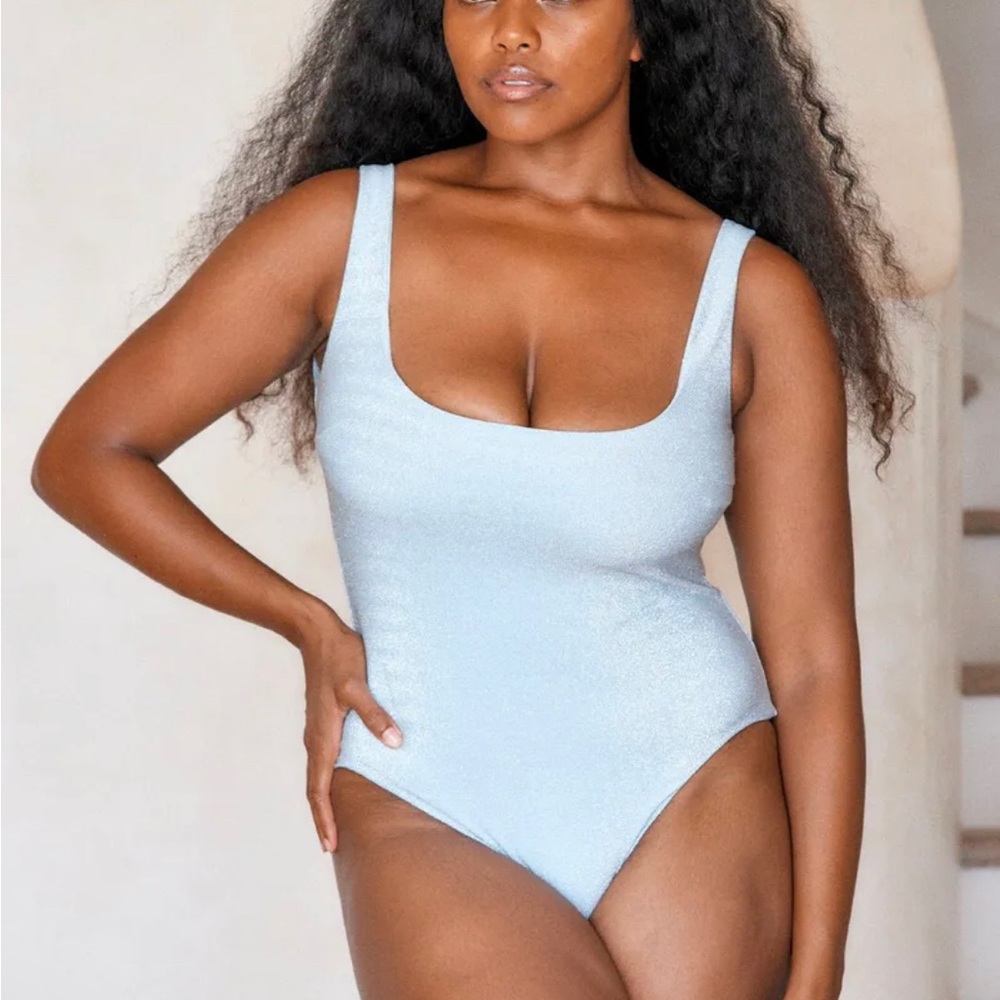 Monday Swimwear (V) Sardinia One Piece Powder Blue Shimmer Silver Swimsuit
